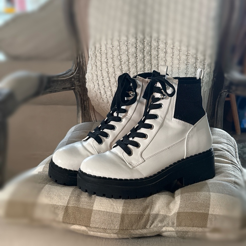 Indigo White Lace-Up Combat Boots with Black Trim